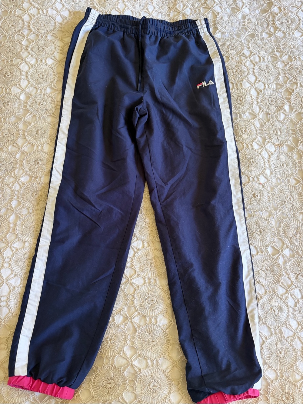 Fila Navy Track Pants with White Side Stripes and Pink Cuffs